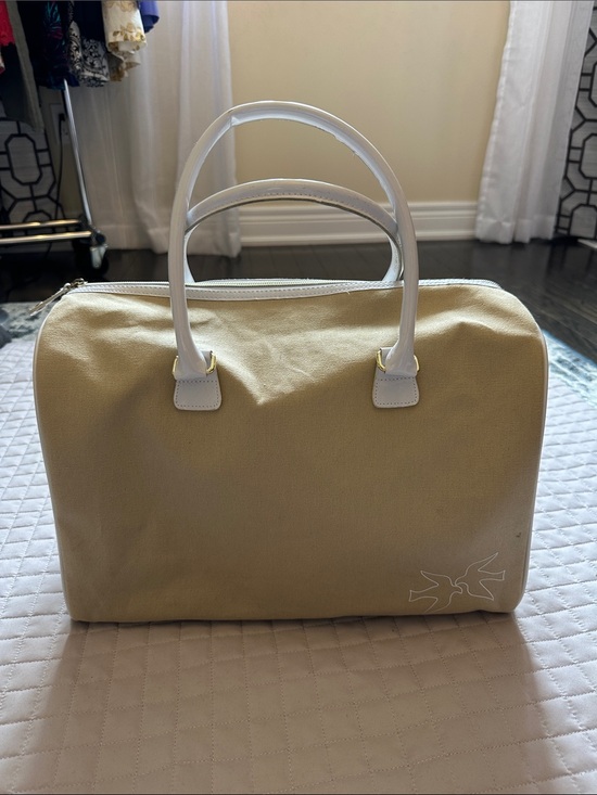 Handbags - Canvas Satchel Handbag in Beige with White Handles